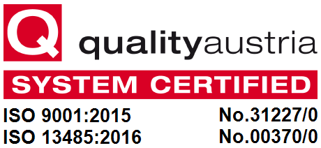Quality Austria – System Certified: ISO 9001:2015 und ISO 13485:2016.