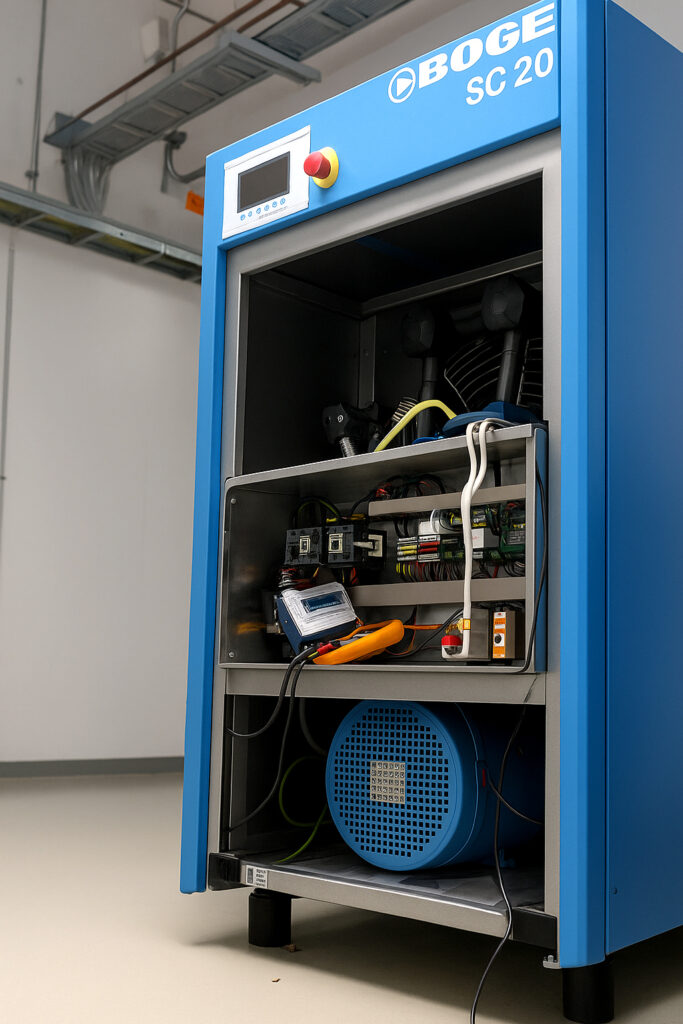 Industrie-Kompressor (BOGE) mit geöffnetem Gehäuse; Motor und Elektronik sichtbar.
