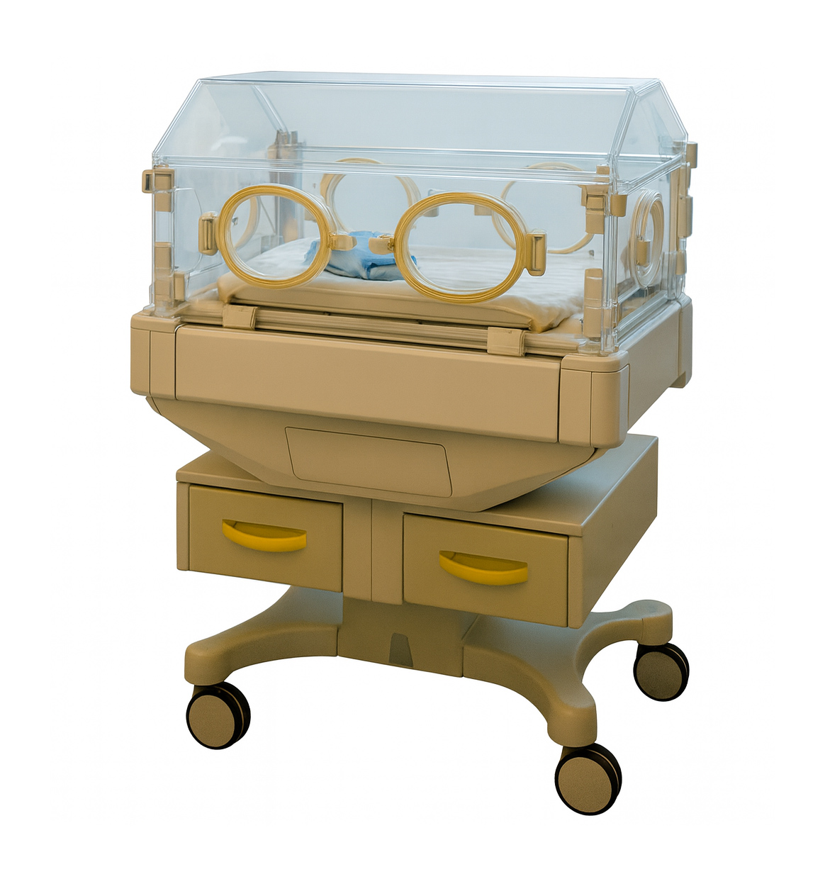 Neonatologie-Inkubator auf fahrbarem Untergestell mit transparenter Haube und Eingriffsöffnungen zur Versorgung von Früh- und Neugeborenen.